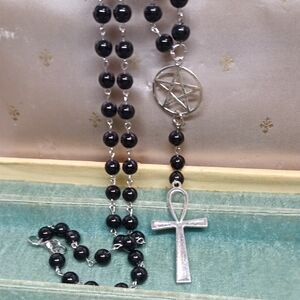 Black Glass Beaded Necklace with Silver Ankh and Pentagram